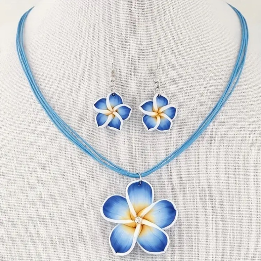 Tropical Blue Plumeria Flower Necklace & Earring Set
